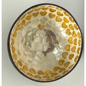 Coconut Shell Bowl Dolphin Gold‎ Hearts Mother of Pearl Handcrafted Trinket Dish
